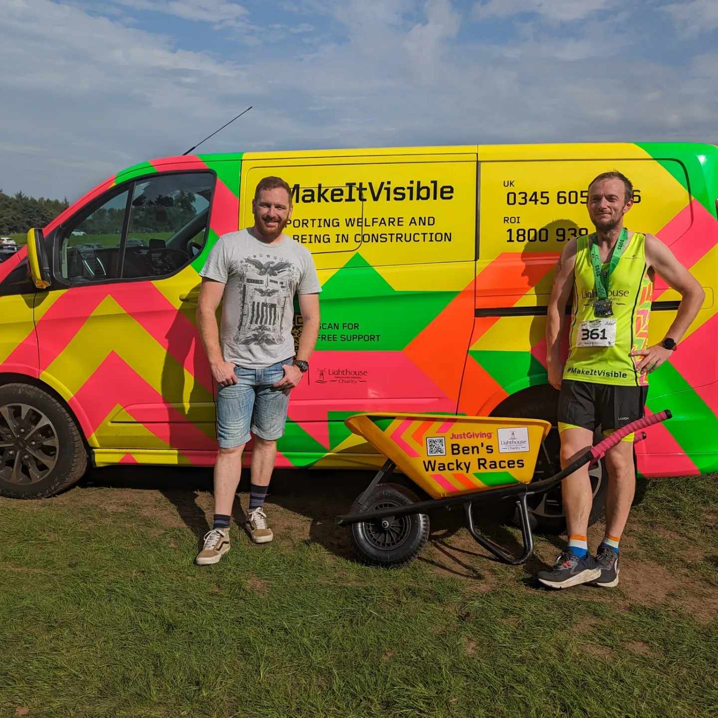 Ben Brindley and Rob Muldoon with the arrow and the Make it Visible campaign van 